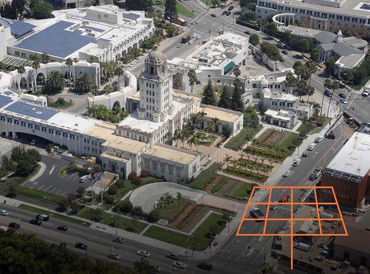 Areal view of Beverly Hills City Hall with installed solar pannels